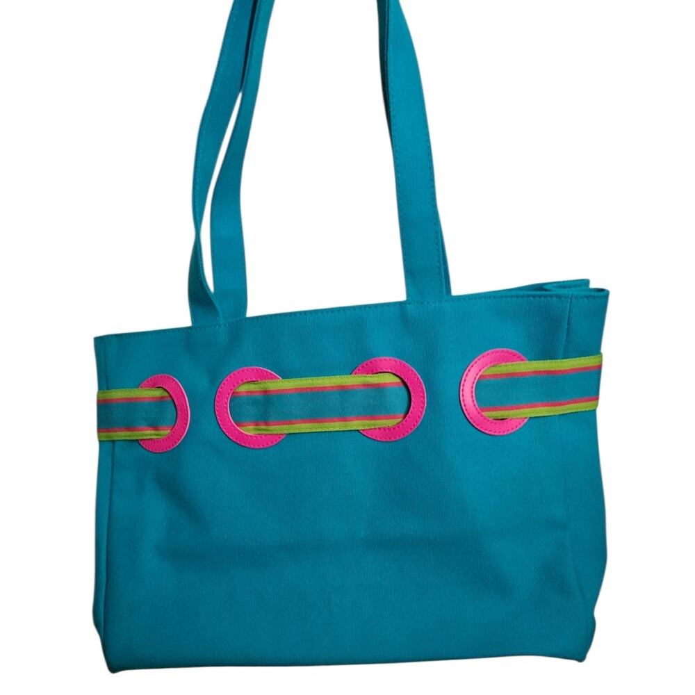 Ralph Ralph Lauren Canvas Tote Bag Turquoise Pink Green Preppy Bag Summer Tote